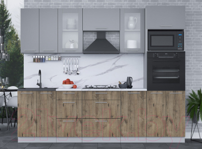 Кухонный гарнитур Интерлиния Мила 2.6 ВТ (серебро/дуб веллингтон/белый гранит)