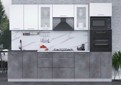 Кухонный гарнитур Интерлиния Мила 2.8 ВТ (белый платинум/бетон портленд/белый гранит)