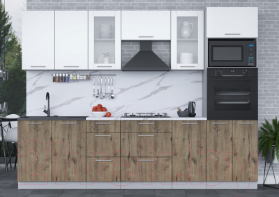 Кухонный гарнитур Интерлиния Мила 2.8 ВТ (белый платинум/дуб веллингтон/белый гранит)