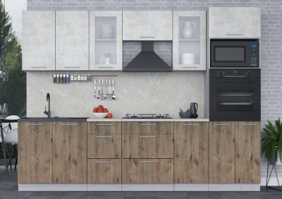 Кухонный гарнитур Интерлиния Мила 2.8 ВТ (бетон лайт/дуб веллингтон/опал светлый)