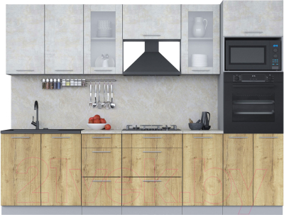 Кухонный гарнитур Интерлиния Мила 2.8 ВТ (бетон лайт/дуб золотой/опал светлый) - фото