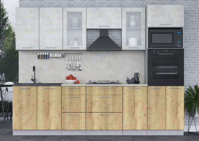 Кухонный гарнитур Интерлиния Мила 2.8 ВТ (бетон лайт/дуб золотой/опал светлый)