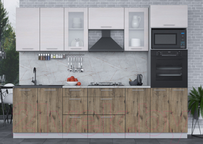 Кухонный гарнитур Интерлиния Мила 2.8 ВТ (вудлайн кремовый/дуб веллингтон/серый каспий)