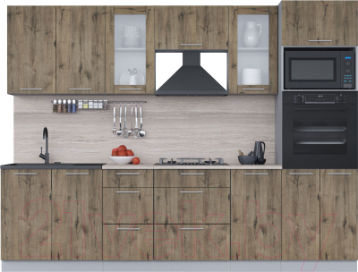 Кухонный гарнитур Интерлиния Мила 2.8 ВТ (дуб веллингтон/дуб веллингтон/травертин серый) - фото
