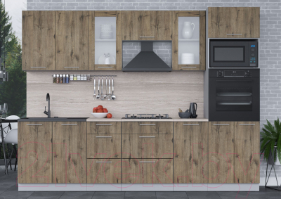 Кухонный гарнитур Интерлиния Мила 2.8 ВТ (дуб веллингтон/дуб веллингтон/травертин серый)