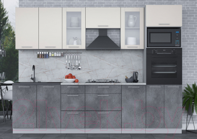 Кухонный гарнитур Интерлиния Мила 2.8 ВТ (персидский жемчуг/бетон портленд/серый каспий)