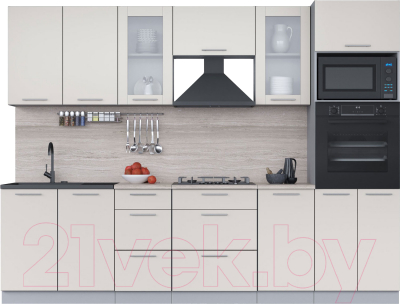 Кухонный гарнитур Интерлиния Мила 2.8 ВТ (персидский жемчуг/персидский жемчуг/травертин серый) - фото