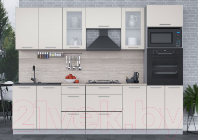 Кухонный гарнитур Интерлиния Мила 2.8 ВТ (персидский жемчуг/персидский жемчуг/травертин серый)