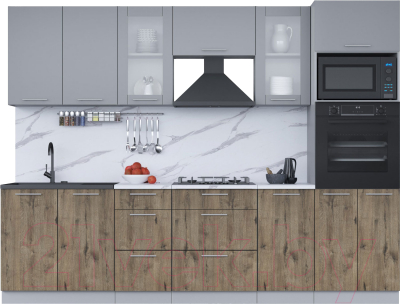 Кухонный гарнитур Интерлиния Мила 2.8 ВТ (серебро/дуб веллингтон/белый гранит) - фото