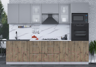 Кухонный гарнитур Интерлиния Мила 2.8 ВТ (серебро/дуб веллингтон/белый гранит)