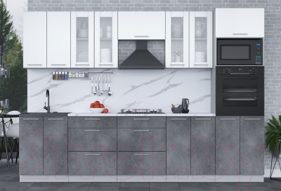 Кухонный гарнитур Интерлиния Мила 3.0 ВТ (белый платинум/бетон портленд/белый гранит)