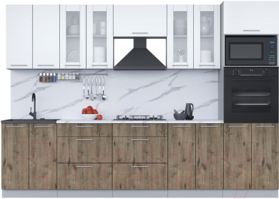 Кухонный гарнитур Интерлиния Мила 3.0 ВТ (белый платинум/дуб веллингтон/белый гранит) - фото