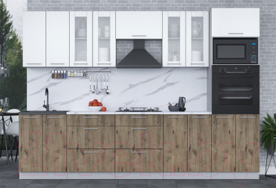 Кухонный гарнитур Интерлиния Мила 3.0 ВТ (белый платинум/дуб веллингтон/белый гранит)