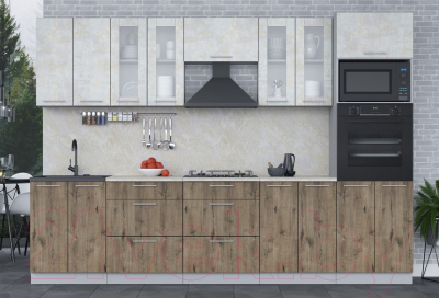 Кухонный гарнитур Интерлиния Мила 3.0 ВТ (бетон лайт/дуб веллингтон/опал светлый)