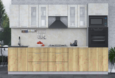 Кухонный гарнитур Интерлиния Мила 3.0 ВТ (бетон лайт/дуб золотой/опал светлый)