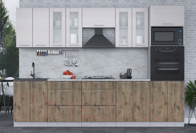 Кухонный гарнитур Интерлиния Мила 3.0 ВТ (вудлайн кремовый/дуб веллингтон/серый каспий)