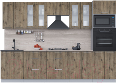 Кухонный гарнитур Интерлиния Мила 3.0 ВТ (дуб веллингтон/дуб веллингтон/травертин серый) - фото