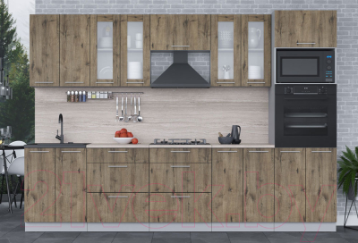 Кухонный гарнитур Интерлиния Мила 3.0 ВТ (дуб веллингтон/дуб веллингтон/травертин серый)