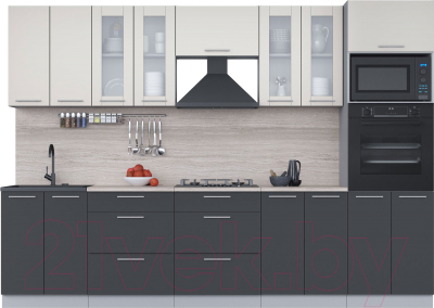Кухонный гарнитур Интерлиния Мила 3.0 ВТ (персидский жемчуг/антрацит/травертин серый) - фото