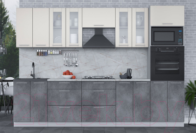 Кухонный гарнитур Интерлиния Мила 3.0 ВТ (персидский жемчуг/бетон портленд/серый каспий)