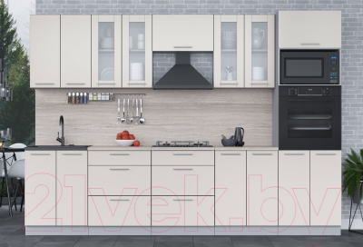 Кухонный гарнитур Интерлиния Мила 3.0 ВТ (персидский жемчуг/персидский жемчуг/травертин серый)