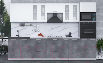 Кухонный гарнитур Интерлиния Мила 3.2 ВТ (белый платинум/бетон портленд/белый гранит)