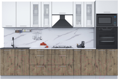 Кухонный гарнитур Интерлиния Мила 3.2 ВТ (белый платинум/дуб веллингтон/белый гранит) - фото