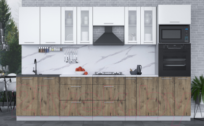 Кухонный гарнитур Интерлиния Мила 3.2 ВТ (белый платинум/дуб веллингтон/белый гранит)