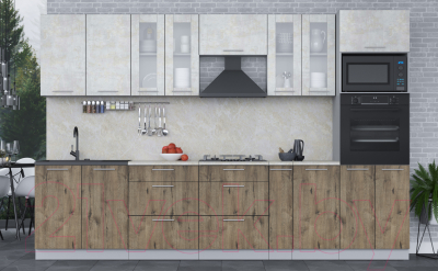 Кухонный гарнитур Интерлиния Мила 3.2 ВТ (бетон лайт/дуб веллингтон/опал светлый)