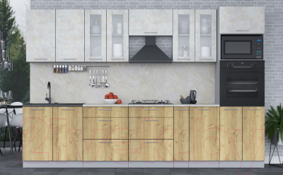 Кухонный гарнитур Интерлиния Мила 3.2 ВТ (бетон лайт/дуб золотой/опал светлый)