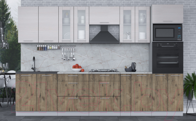 Кухонный гарнитур Интерлиния Мила 3.2 ВТ (вудлайн кремовый/дуб веллингтон/серый каспий)