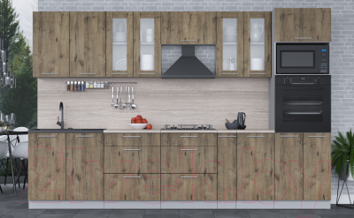 Кухонный гарнитур Интерлиния Мила 3.2 ВТ (дуб веллингтон/дуб веллингтон/травертин серый)