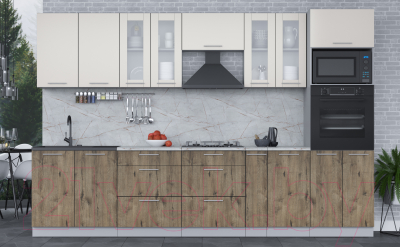 Кухонный гарнитур Интерлиния Мила 3.2 ВТ (персидский жемчуг/дуб веллингтон/серый каспий)