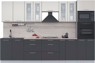 Кухонный гарнитур Интерлиния Мила 3.2 ВТ (персидский жемчуг/антрацит/травертин серый) - фото