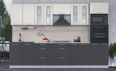Кухонный гарнитур Интерлиния Мила 3.2 ВТ (персидский жемчуг/антрацит/травертин серый)