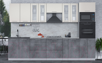 Кухонный гарнитур Интерлиния Мила 3.2 ВТ (персидский жемчуг/бетон портленд/серый каспий)