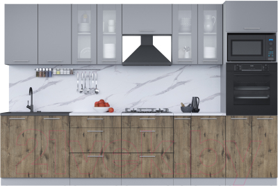 Кухонный гарнитур Интерлиния Мила 3.2 ВТ (серебро/дуб веллингтон/белый гранит) - фото