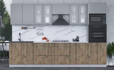 Кухонный гарнитур Интерлиния Мила 3.2 ВТ (серебро/дуб веллингтон/белый гранит)