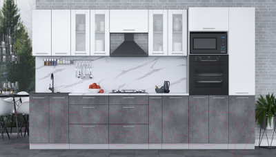 Кухонный гарнитур Интерлиния Мила 3.4 ВТ (белый платинум/бетон портленд/белый гранит)