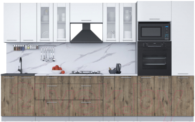 Кухонный гарнитур Интерлиния Мила 3.4 ВТ (белый платинум/дуб веллингтон/белый гранит) - фото