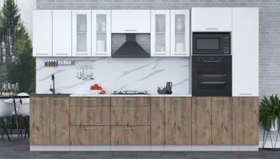 Кухонный гарнитур Интерлиния Мила 3.4 ВТ (белый платинум/дуб веллингтон/белый гранит)