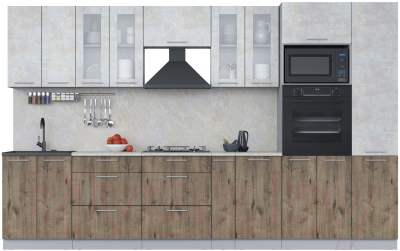 Кухонный гарнитур Интерлиния Мила 3.4 ВТ (бетон лайт/дуб веллингтон/опал светлый) - фото