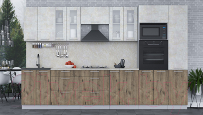 Кухонный гарнитур Интерлиния Мила 3.4 ВТ (бетон лайт/дуб веллингтон/опал светлый)