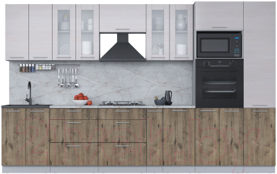 Кухонный гарнитур Интерлиния Мила 3.4 ВТ (вудлайн кремовый/дуб веллингтон/серый каспий) - фото