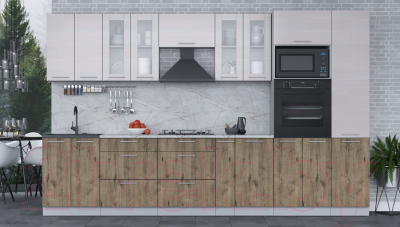 Кухонный гарнитур Интерлиния Мила 3.4 ВТ (вудлайн кремовый/дуб веллингтон/серый каспий)