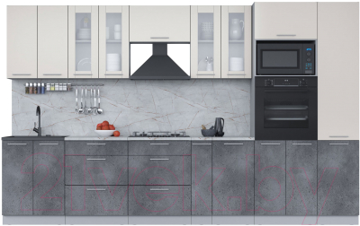 Кухонный гарнитур Интерлиния Мила 3.4 ВТ (персидский жемчуг/бетон портленд/серый каспий) - фото