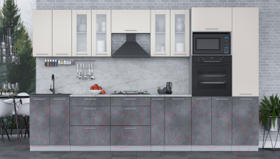 Кухонный гарнитур Интерлиния Мила 3.4 ВТ (персидский жемчуг/бетон портленд/серый каспий)