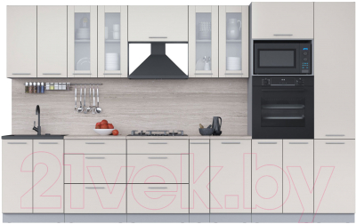 Кухонный гарнитур Интерлиния Мила 3.4 ВТ (персидский жемчуг/персидский жемчуг/травертин серый) - фото