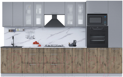 Кухонный гарнитур Интерлиния Мила 3.4 ВТ (серебро/дуб веллингтон/белый гранит) - фото