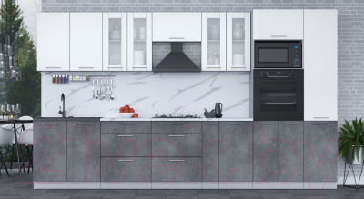 Кухонный гарнитур Интерлиния Мила 3.6 ВТ (белый платинум/бетон портленд/белый гранит)